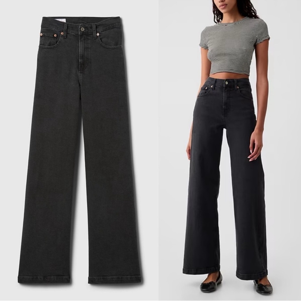 GAP Jeans High Rise Stride Washed Black Flare Wide-Leg Size 6/28